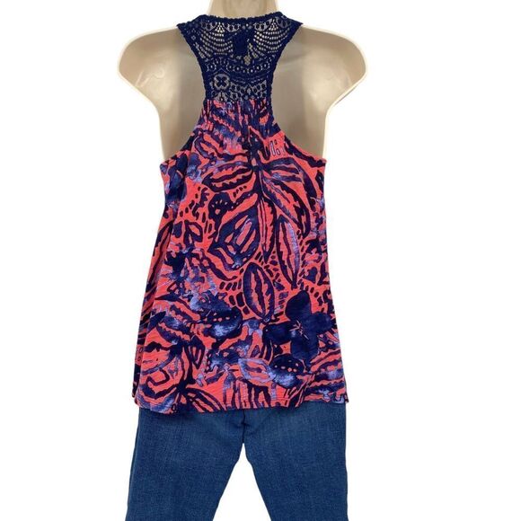 LUCKY Brand Crochet Floral Racerback Tank Blue Orange Size XS - Picture 4 of 5